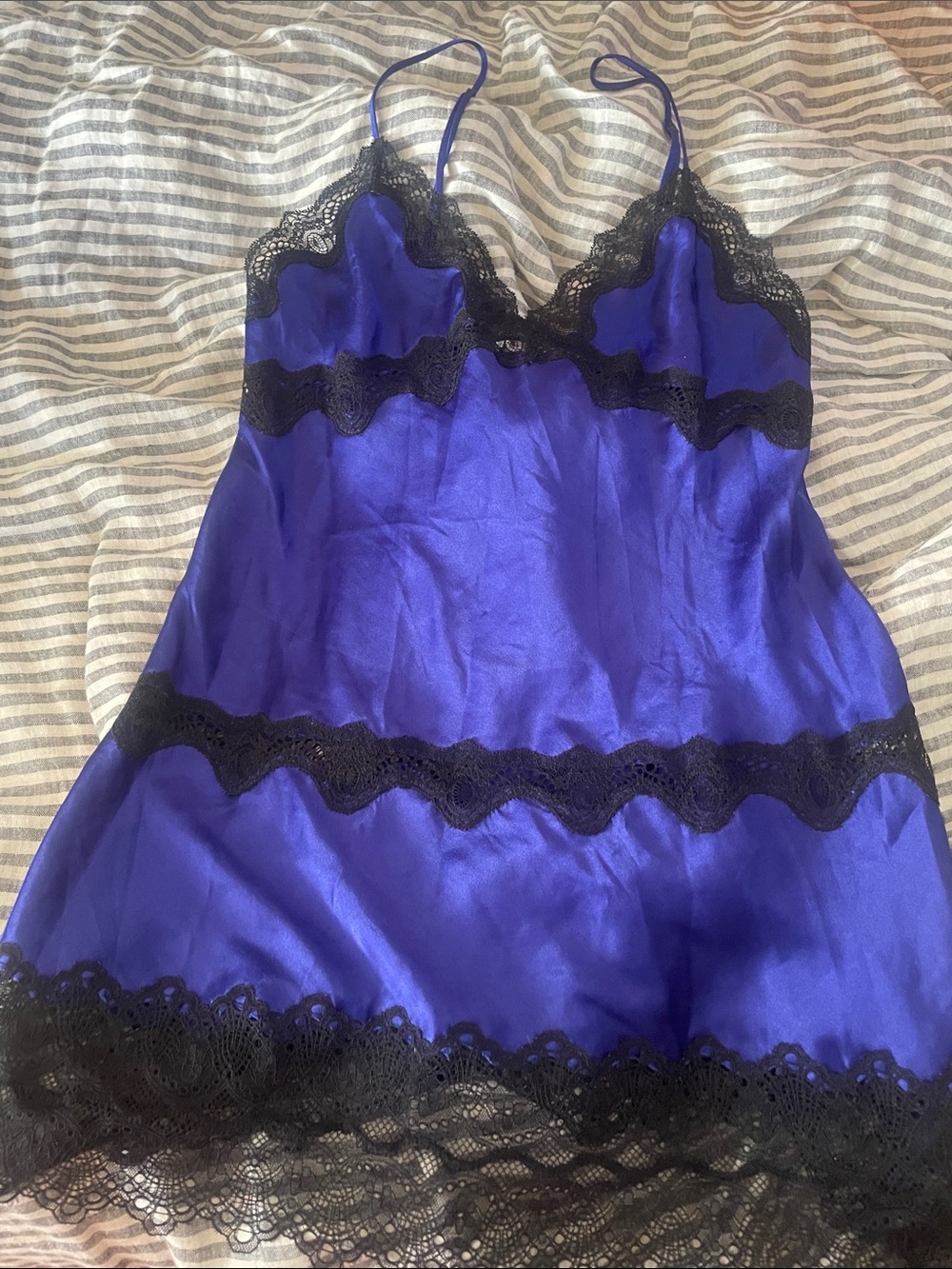 Victoria's Secret Royal Blue Satin Slip with Black Lace